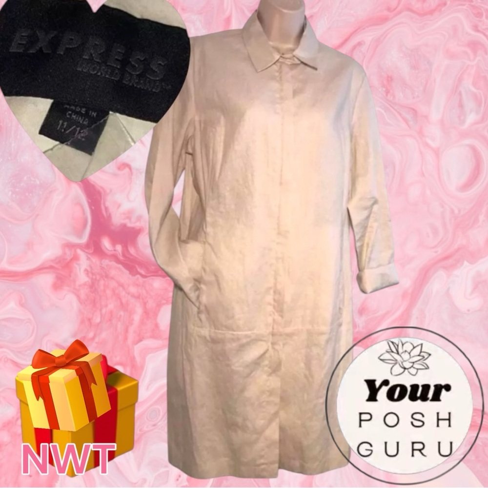 🎁NWT Express Cotton Lightweight Long off white tunic zipper jacket dress y2k